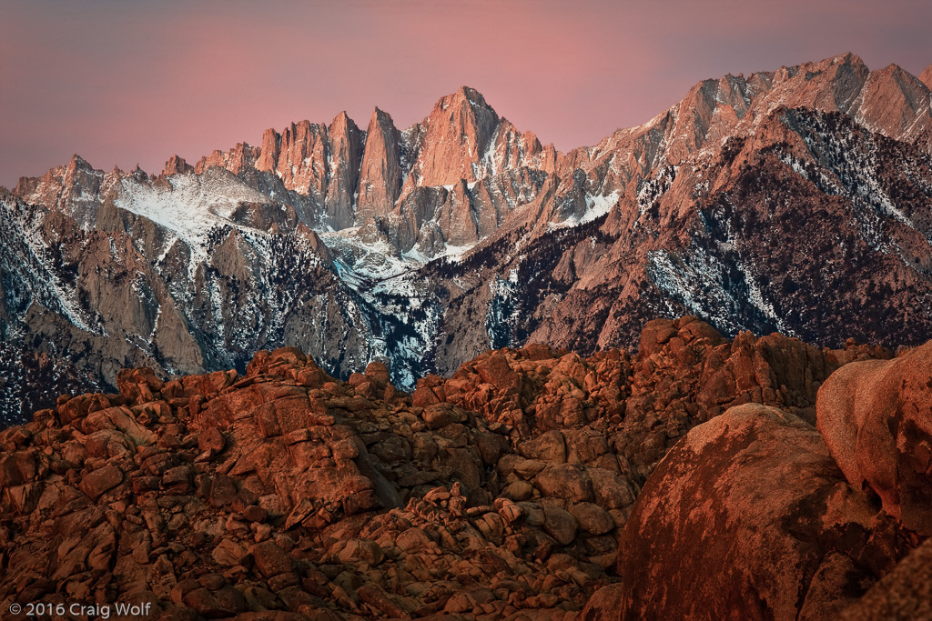 Mt. Whitney Sunrise with the Alabama Hills in the foreground